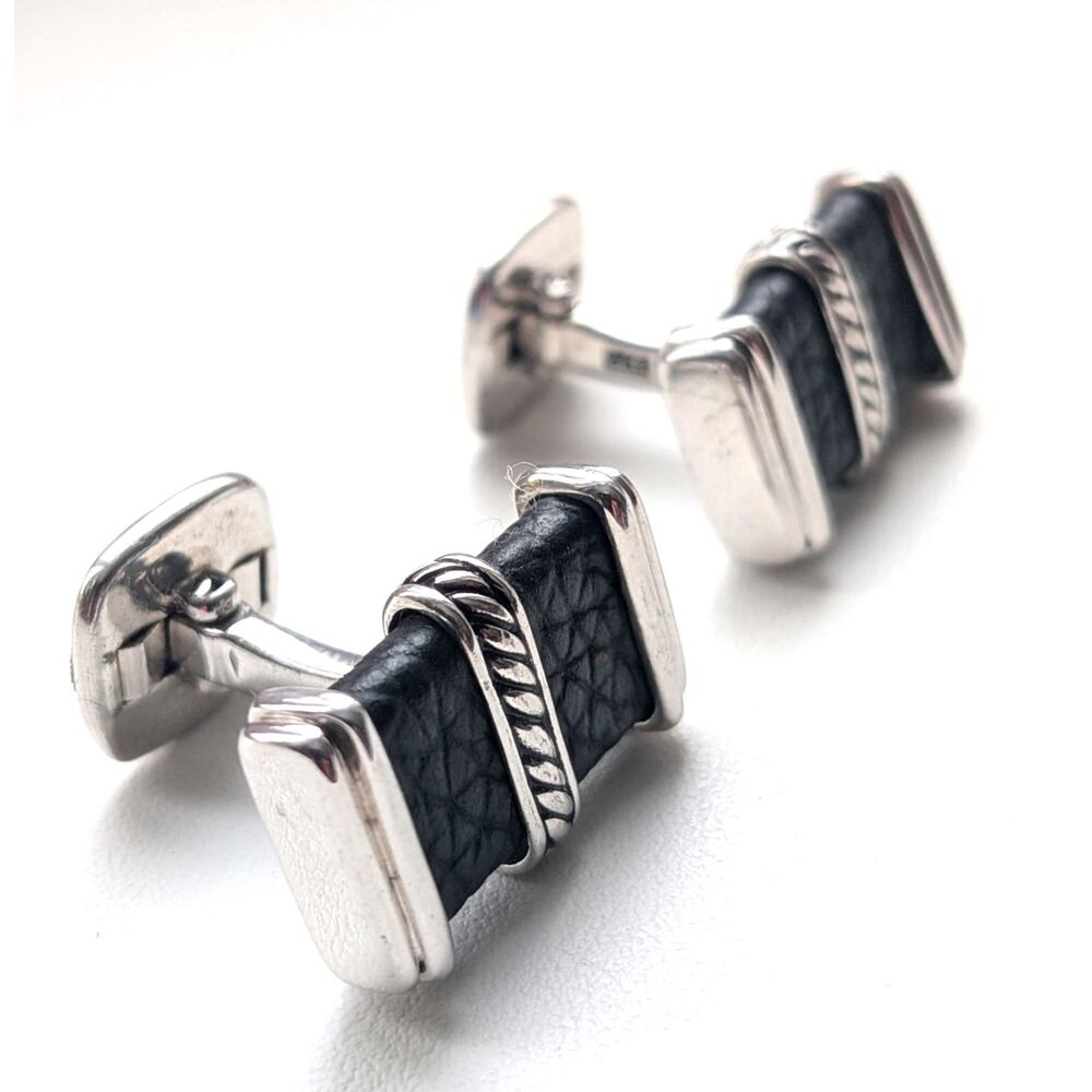 David Yurman Leather & Sterling Silver 925 Cufflinks